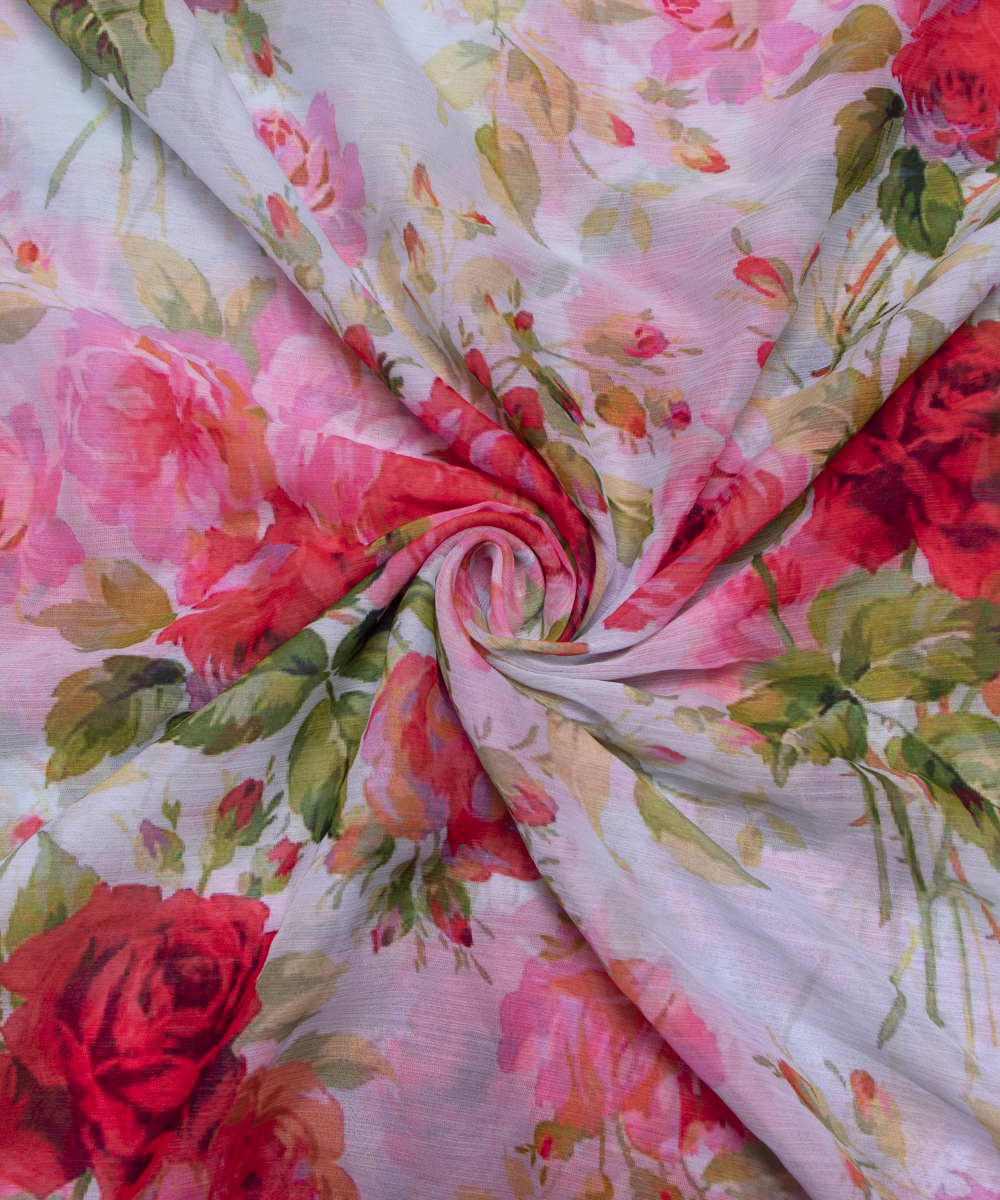 Pink Colour Floral Digital Print Chiffon Fabric