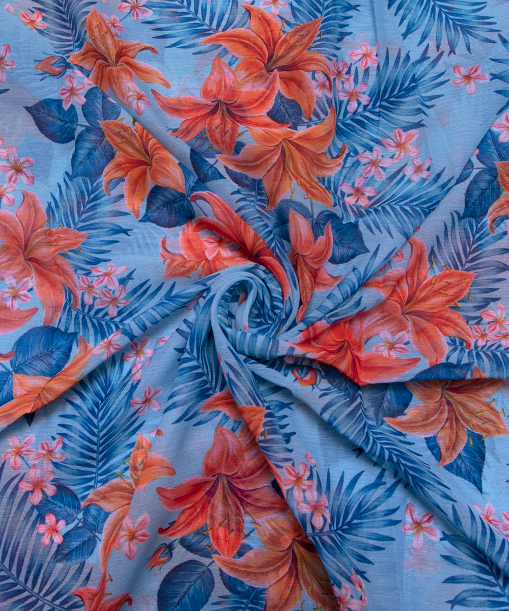 Light Blue Colour Floral Digital Print Chiffon Fabric