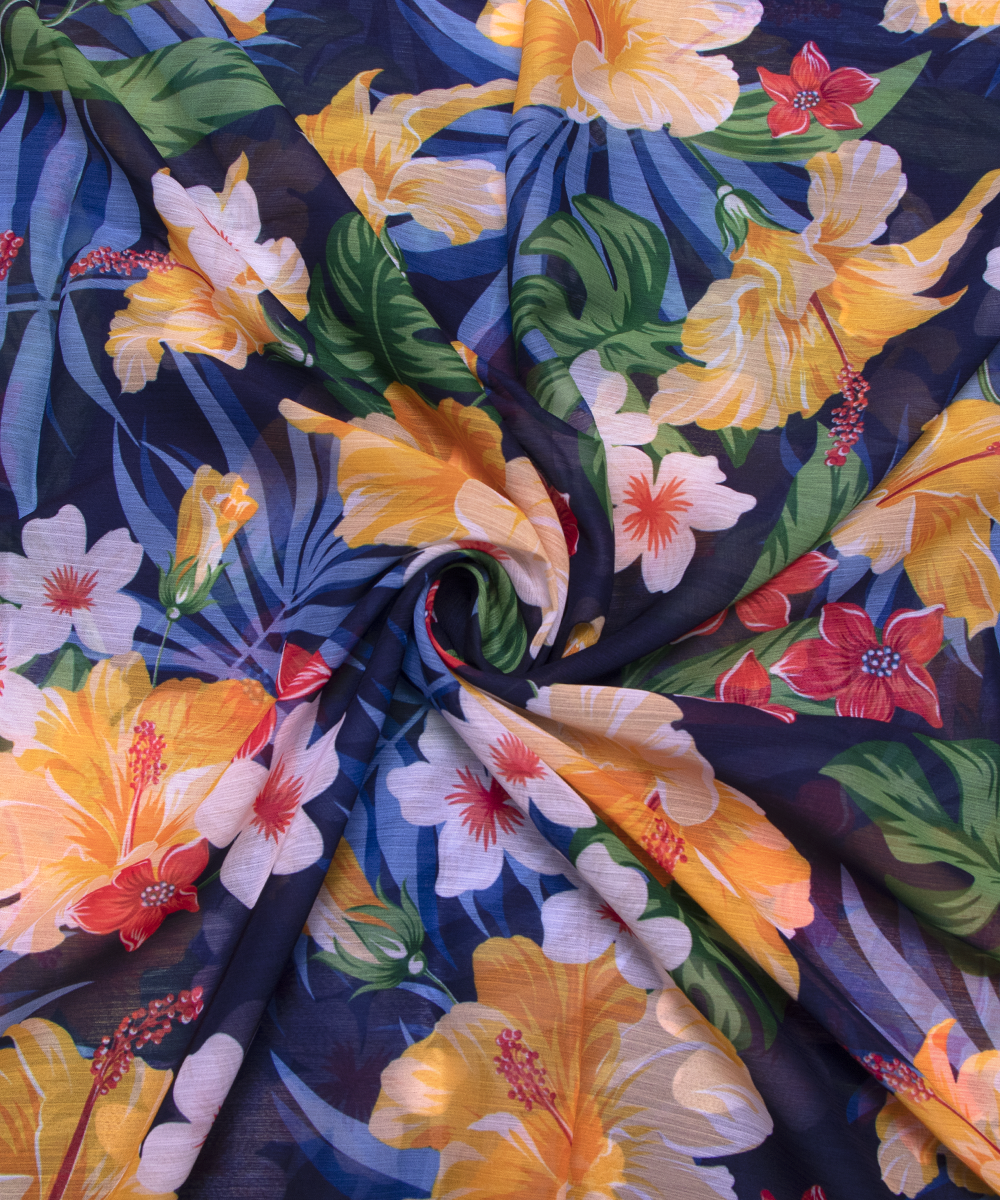 Dark Blue Colour Floral Digital Print Chiffon Fabric
