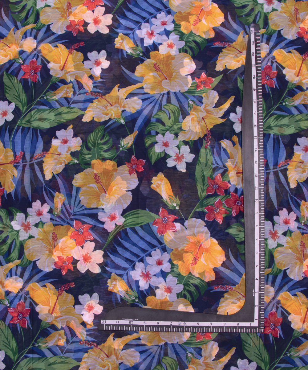 Dark Blue Colour Floral Digital Print Chiffon Fabric