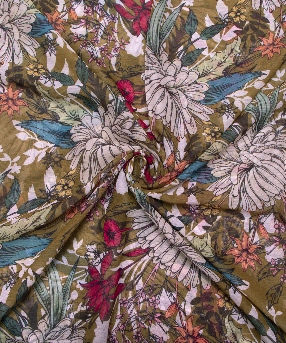 Mehandi Green Colour Floral Digital Print Chiffon Fabric
