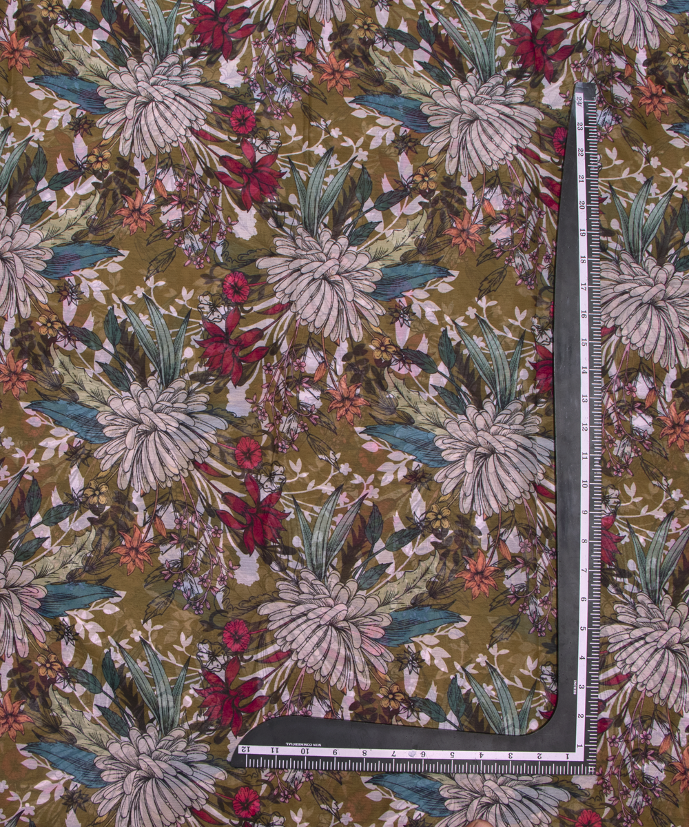 Mehandi Green Colour Floral Digital Print Chiffon Fabric