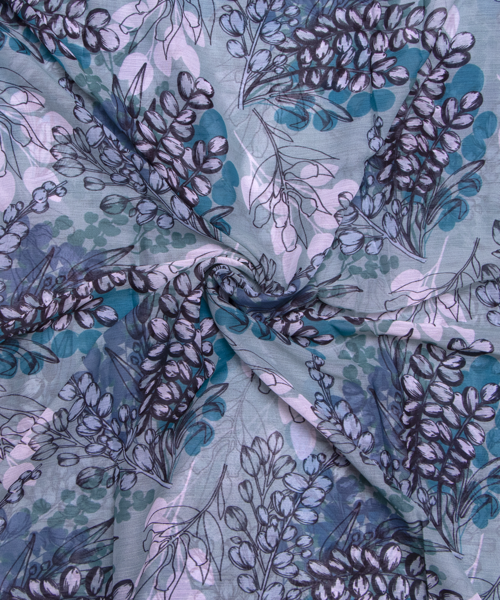 Light Blue Colour Leaf Digital Print Chiffon Fabric