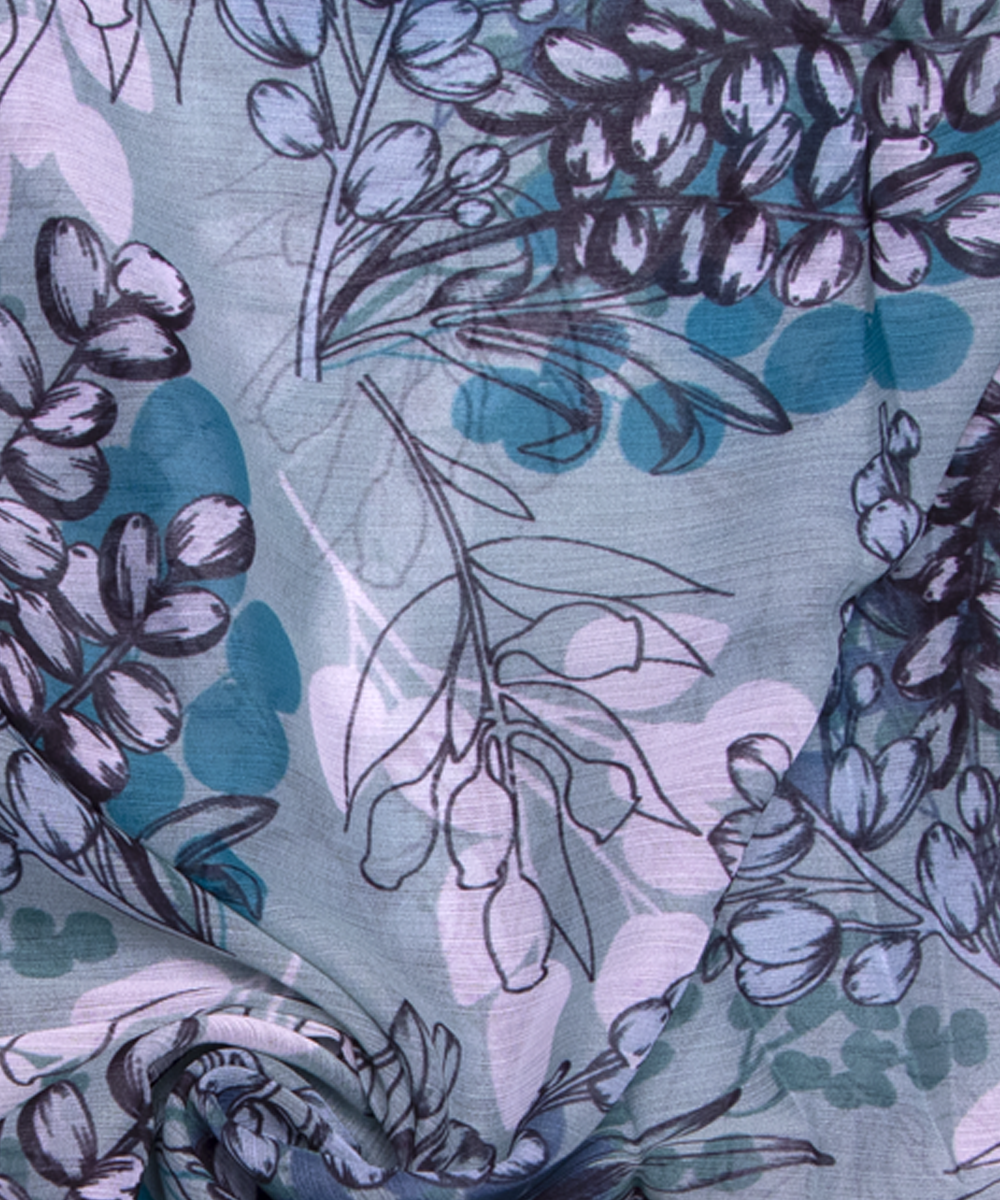 Light Blue Colour Leaf Digital Print Chiffon Fabric