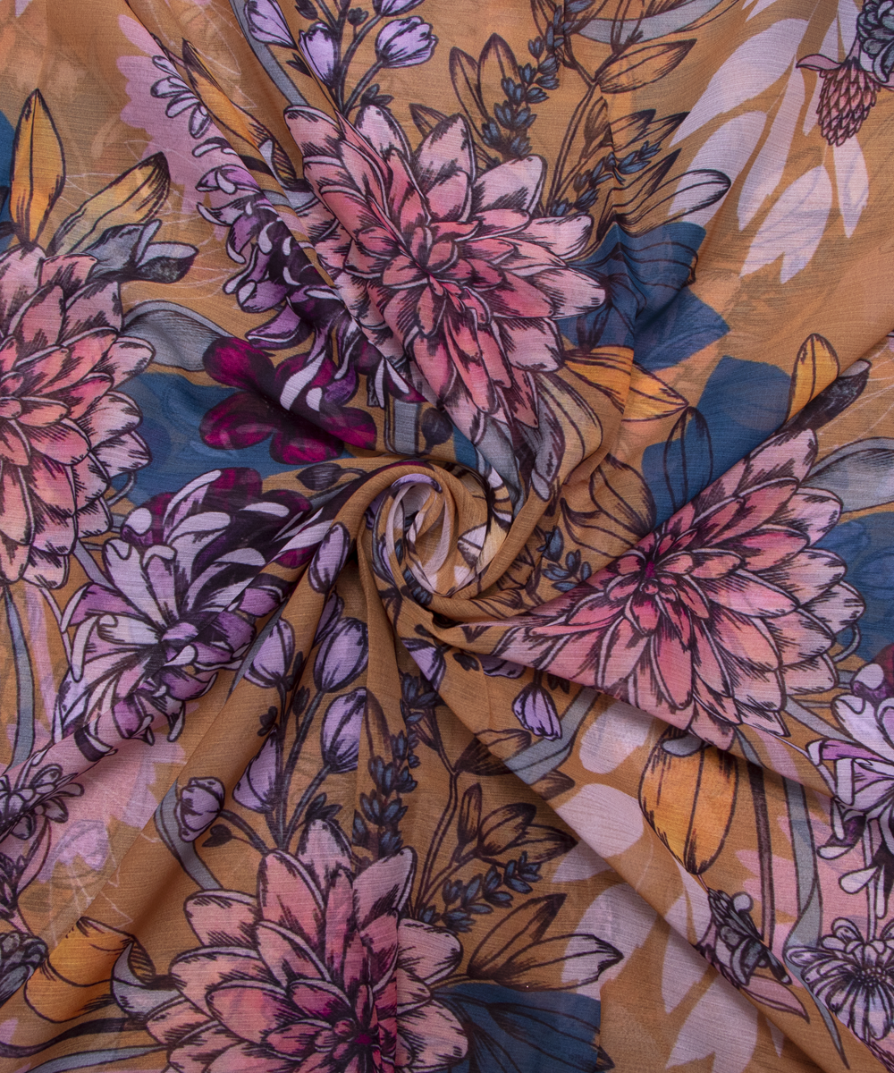 Ochre Yellow Colour Leaf Digital Print Chiffon Fabric