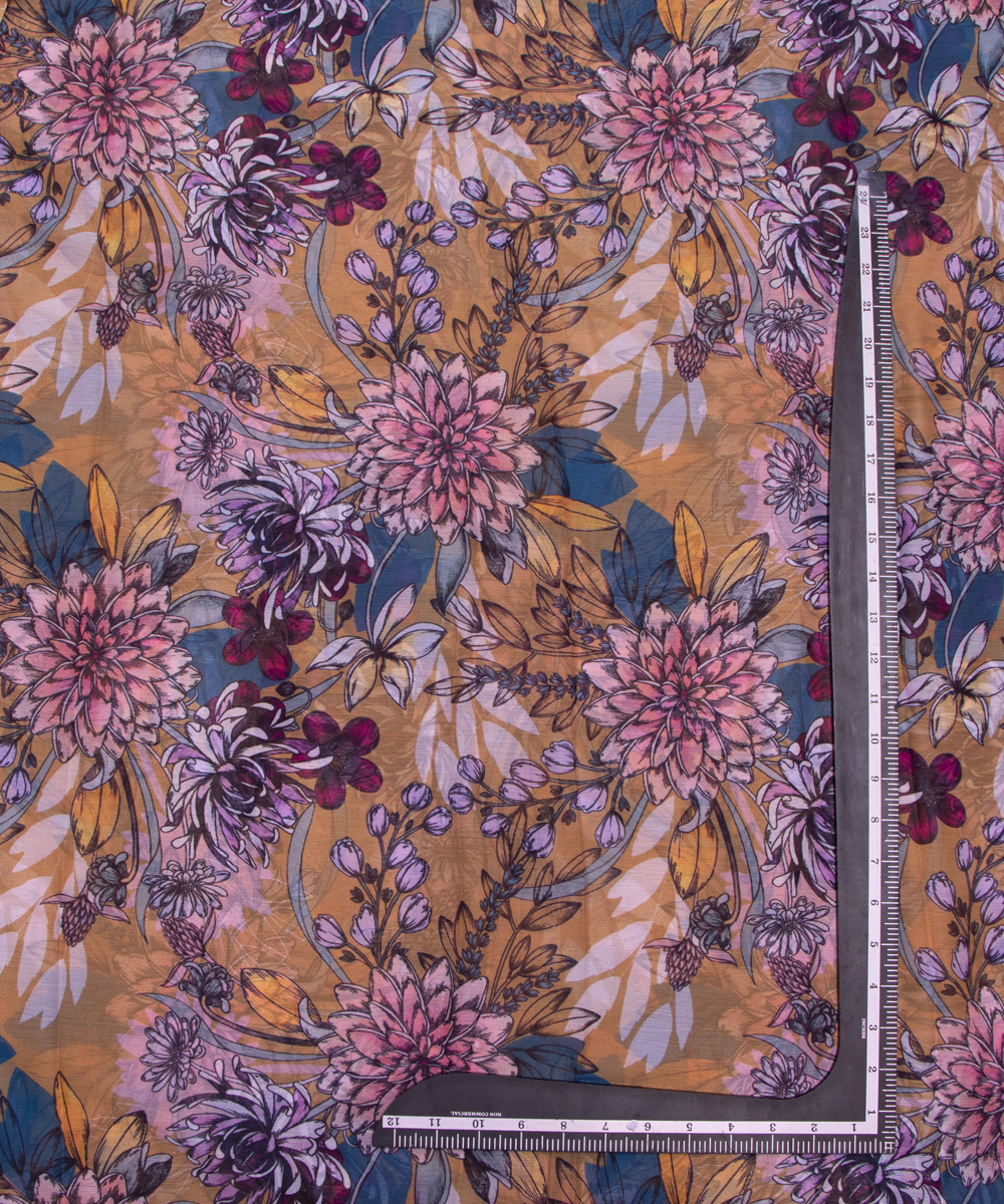 Ochre Yellow Colour Leaf Digital Print Chiffon Fabric