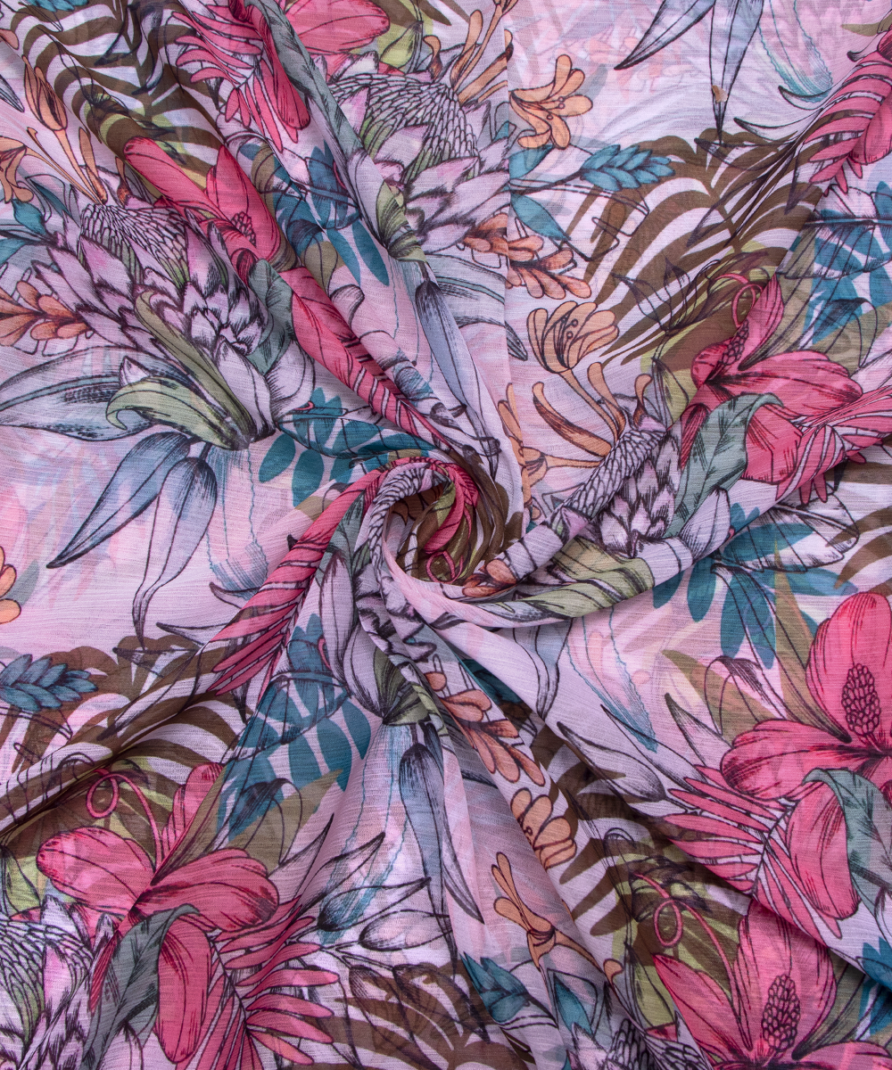White Colour Floral Digital Print Chiffon Fabric
