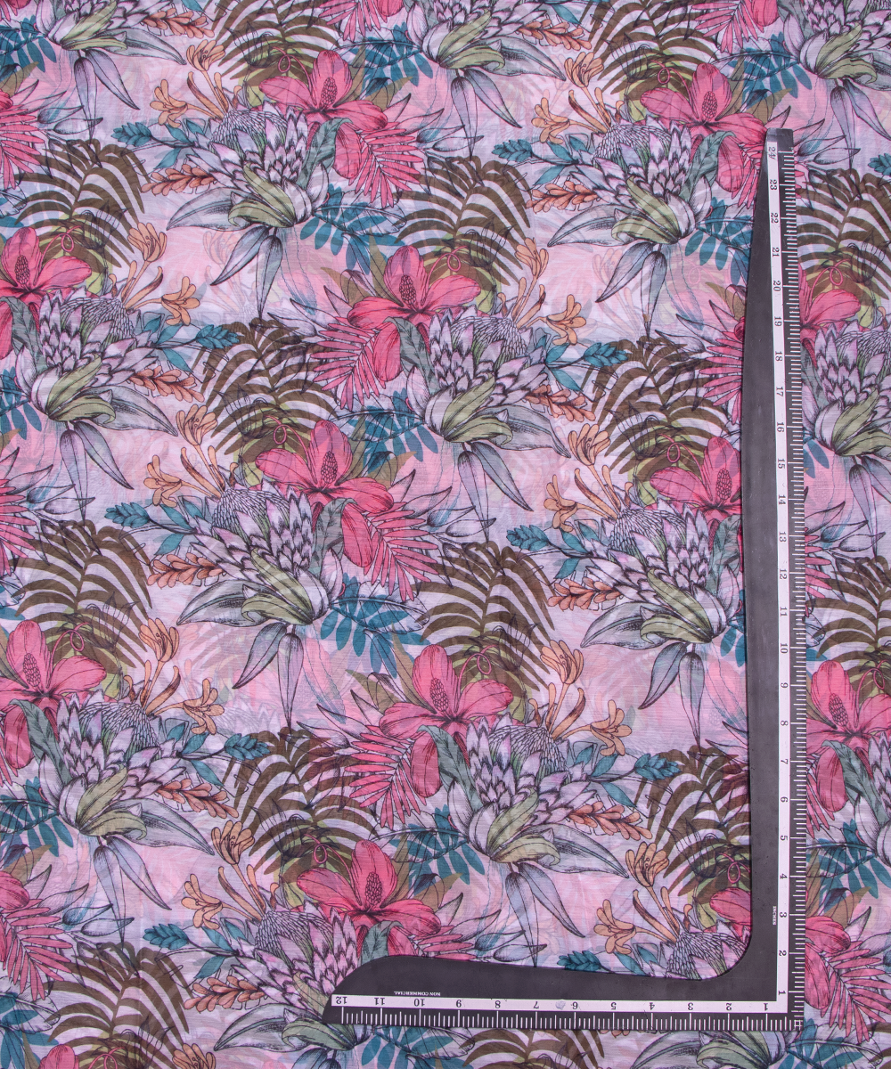 White Colour Floral Digital Print Chiffon Fabric
