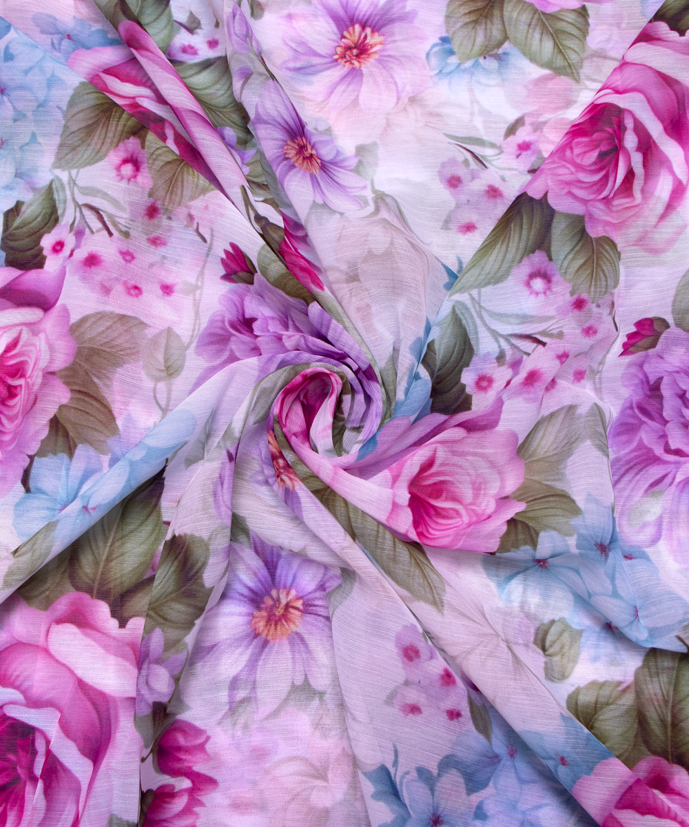 White Colour Floral Digital Print Chiffon Fabric