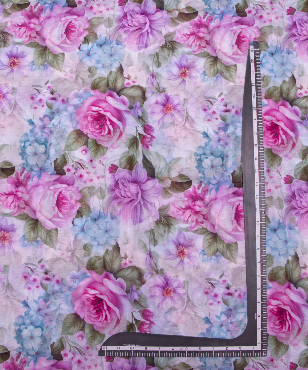 White Colour Floral Digital Print Chiffon Fabric