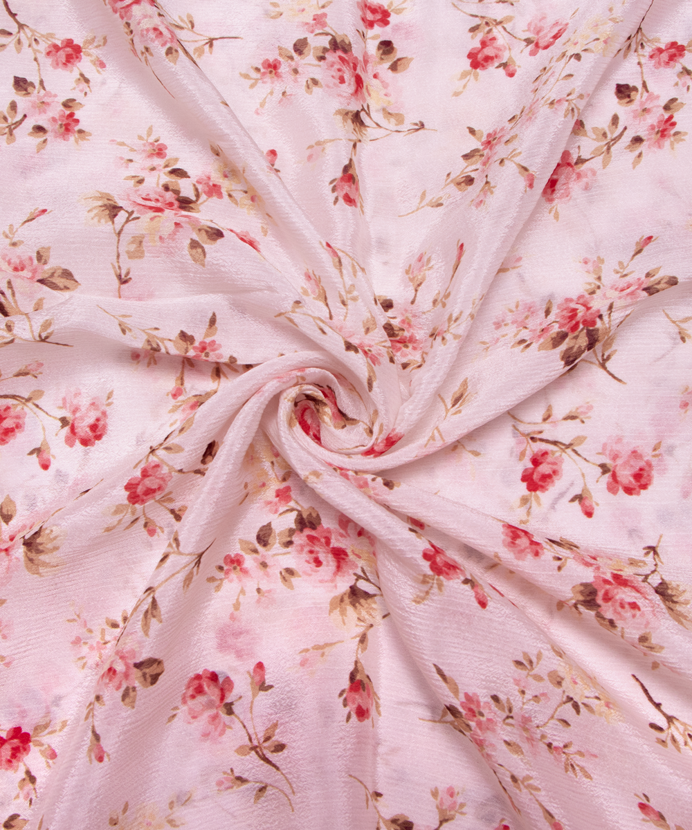 White Colour Digital Floral Print Viscose Chinon Silk Fabric