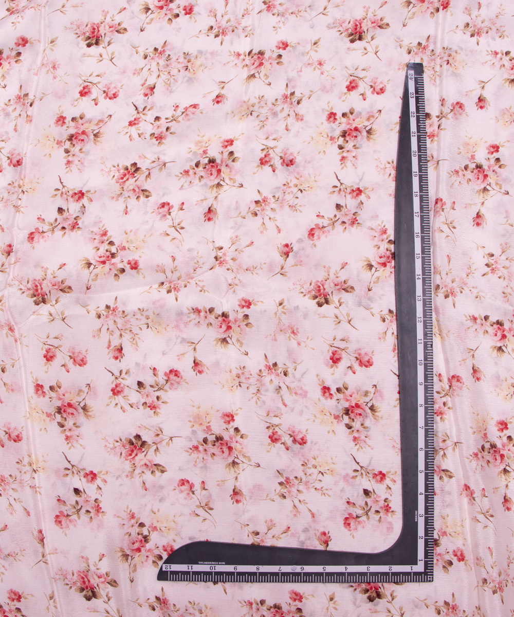 White Colour Digital Floral Print Viscose Chinon Silk Fabric