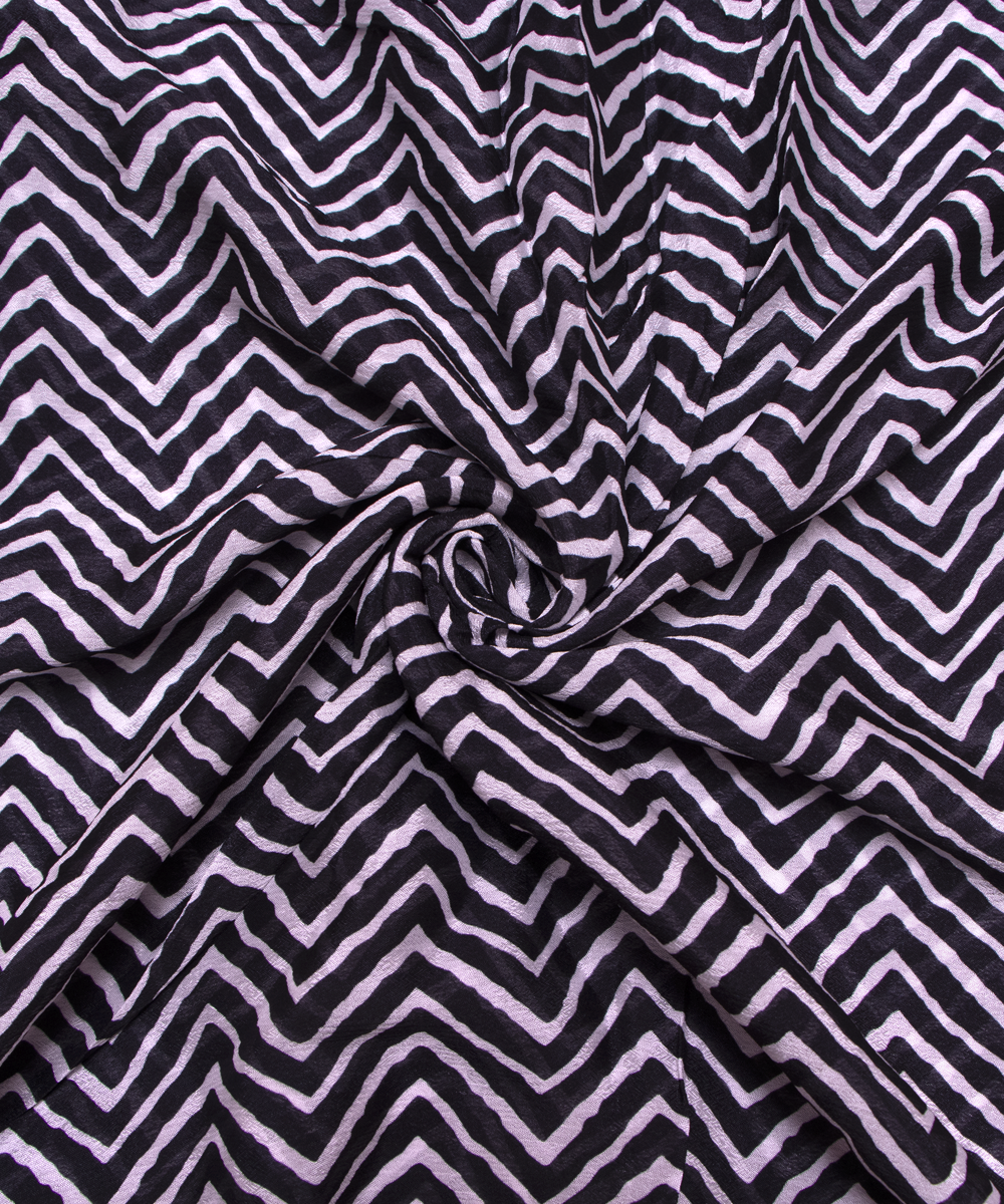 Black Colour Digital Zig Zag Print Viscose Chinon Silk Fabric