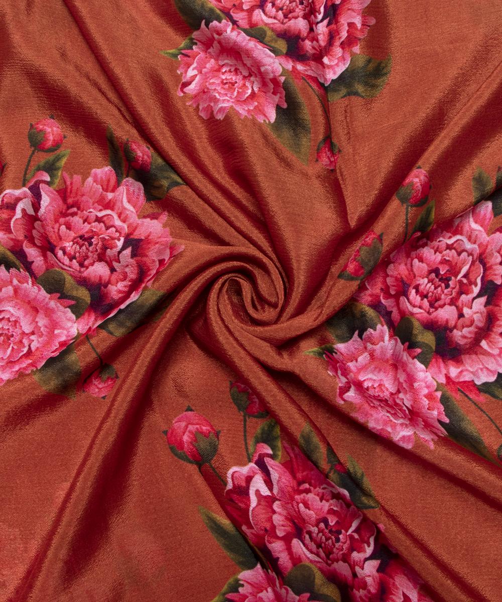 Brown Colour Digital Floral Print Viscose Chinon Silk Fabric