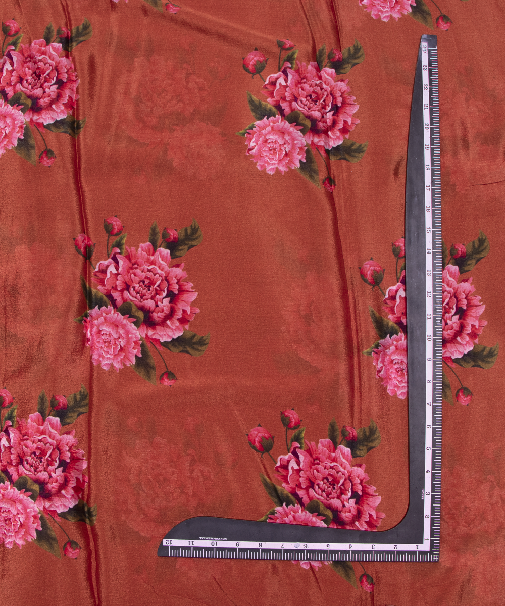 Brown Colour Digital Floral Print Viscose Chinon Silk Fabric