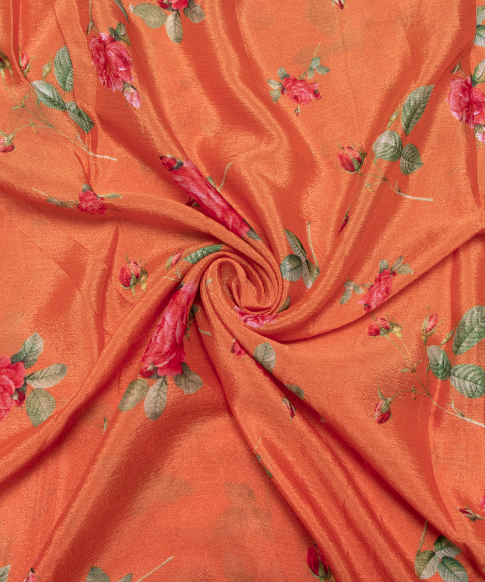Light Orange Colour Digital Floral Print Viscose Chinon Silk Fabric