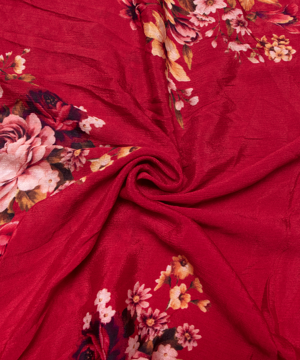 Maroon Colour Digital Floral Print Viscose Chinon Silk Fabric