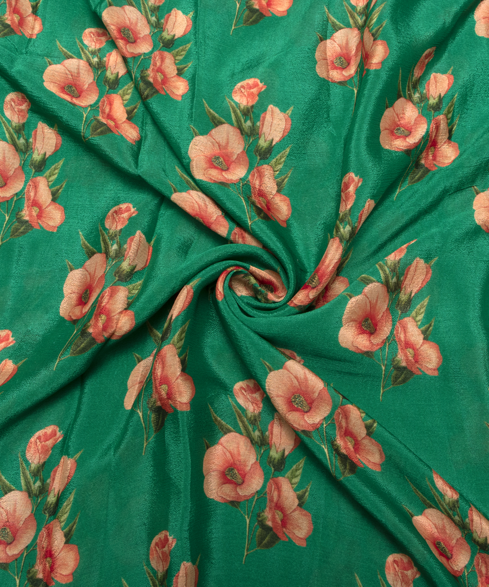 Green Colour Digital Floral Print Viscose Chinon Silk Fabric