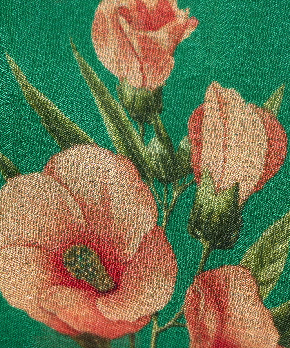 Green Colour Digital Floral Print Viscose Chinon Silk Fabric