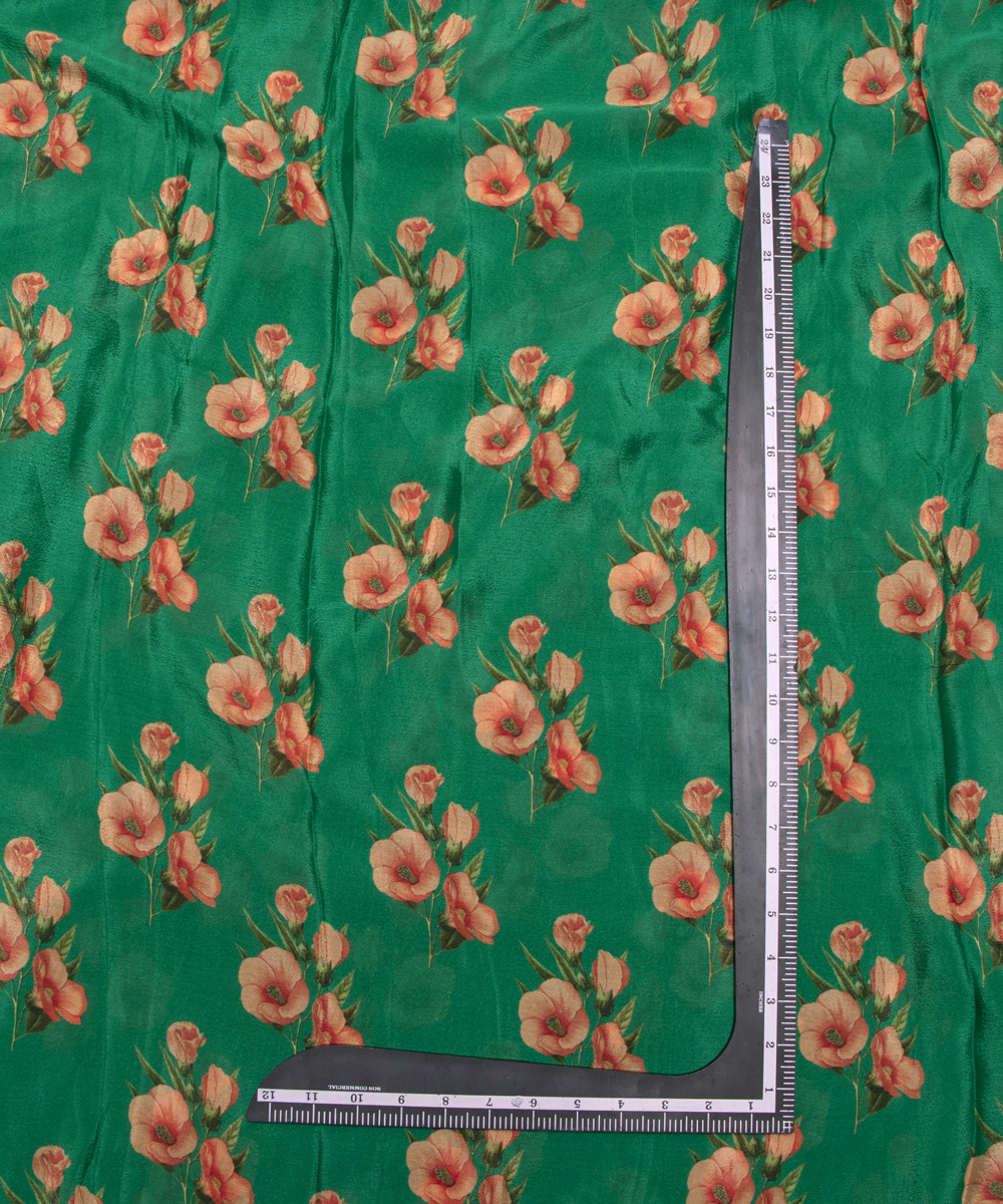 Green Colour Digital Floral Print Viscose Chinon Silk Fabric