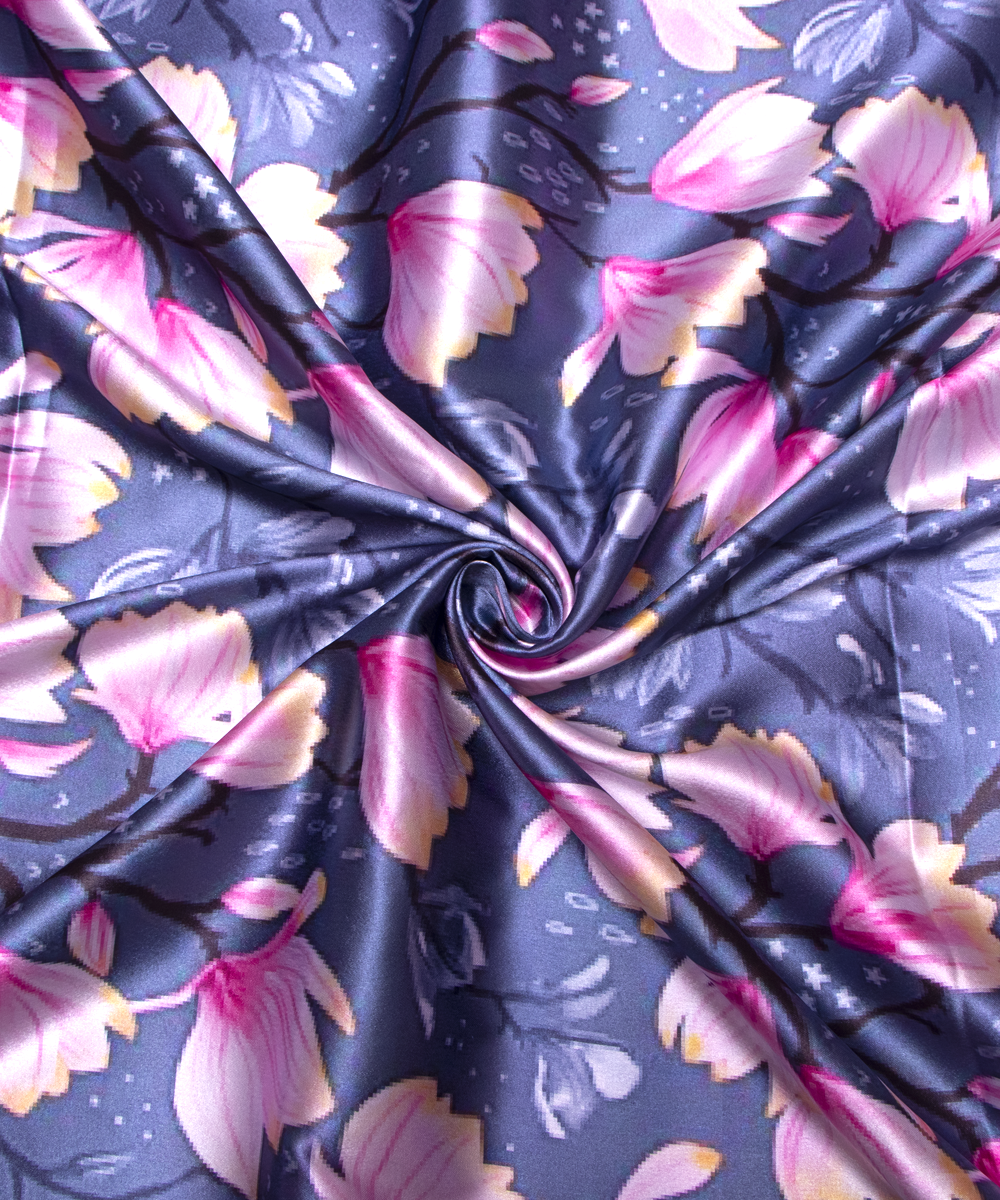 Greyish Blue Colour Floral Print Satin Fabric