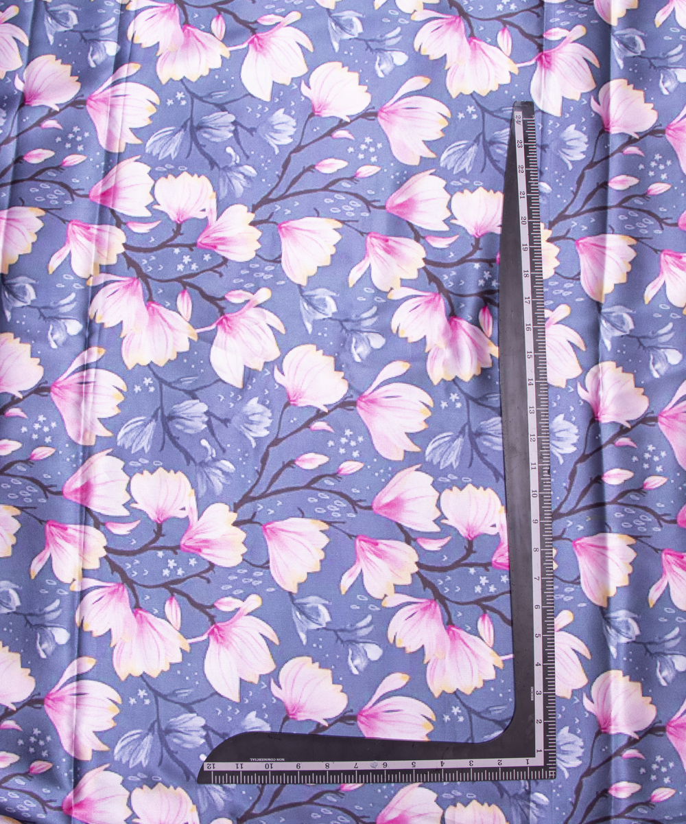 Greyish Blue Colour Floral Print Satin Fabric