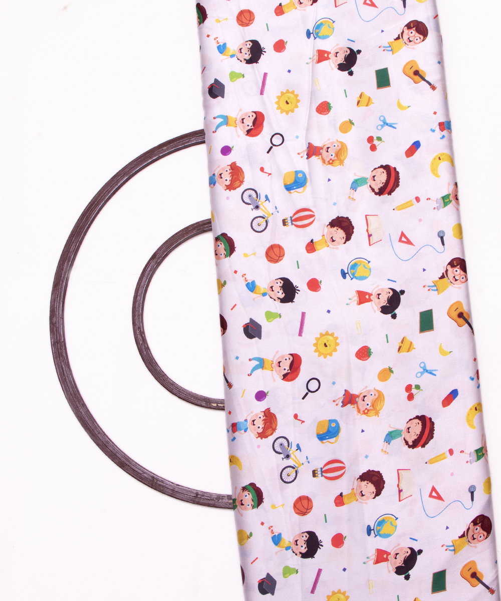 White Colour Kids Print Satin Fabric