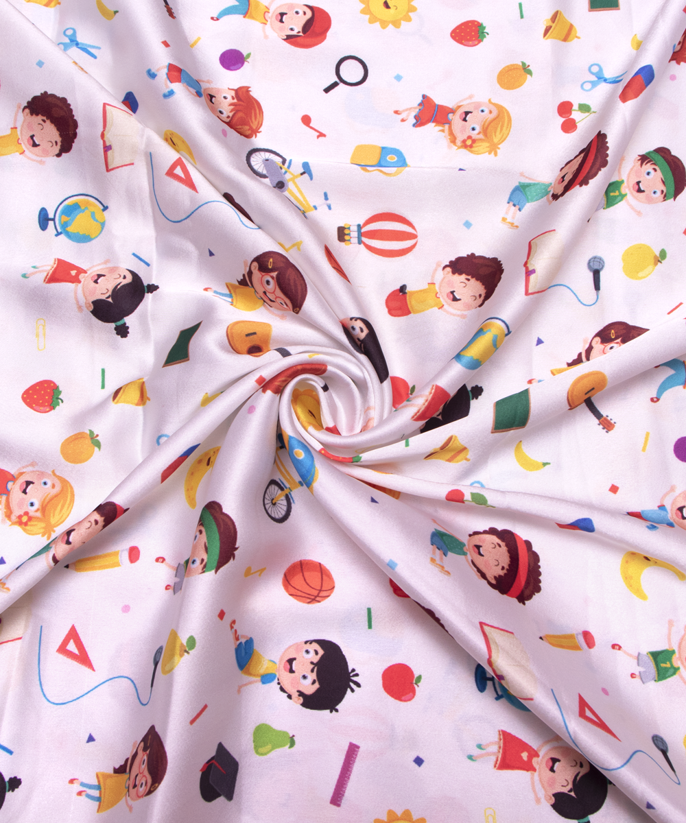 White Colour Kids Print Satin Fabric