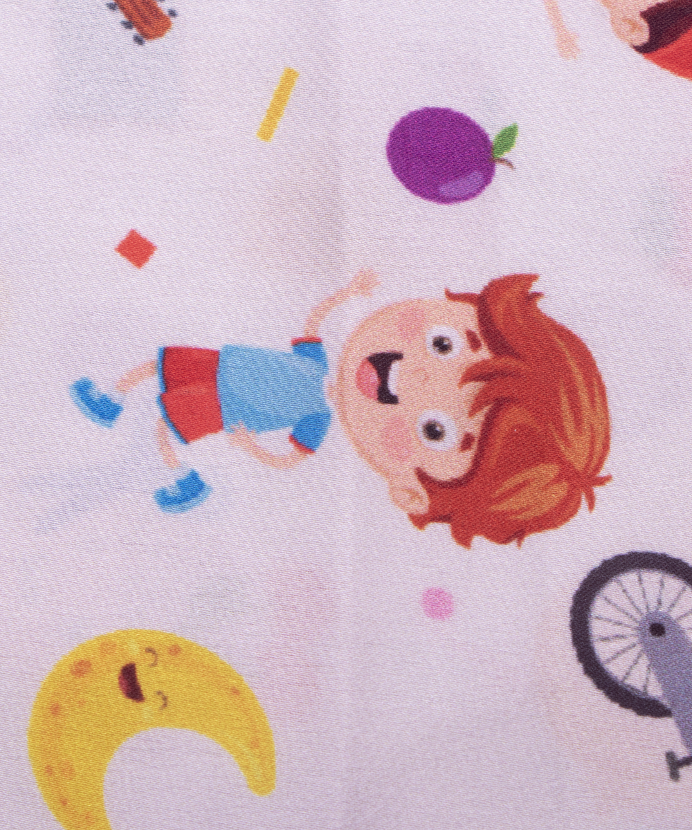White Colour Kids Print Satin Fabric