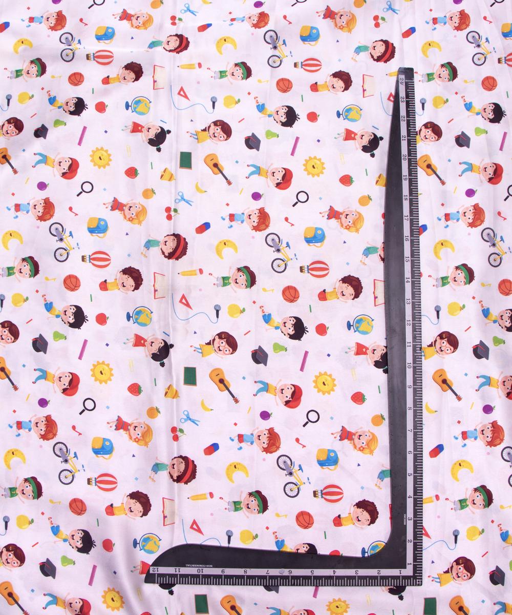 White Colour Kids Print Satin Fabric