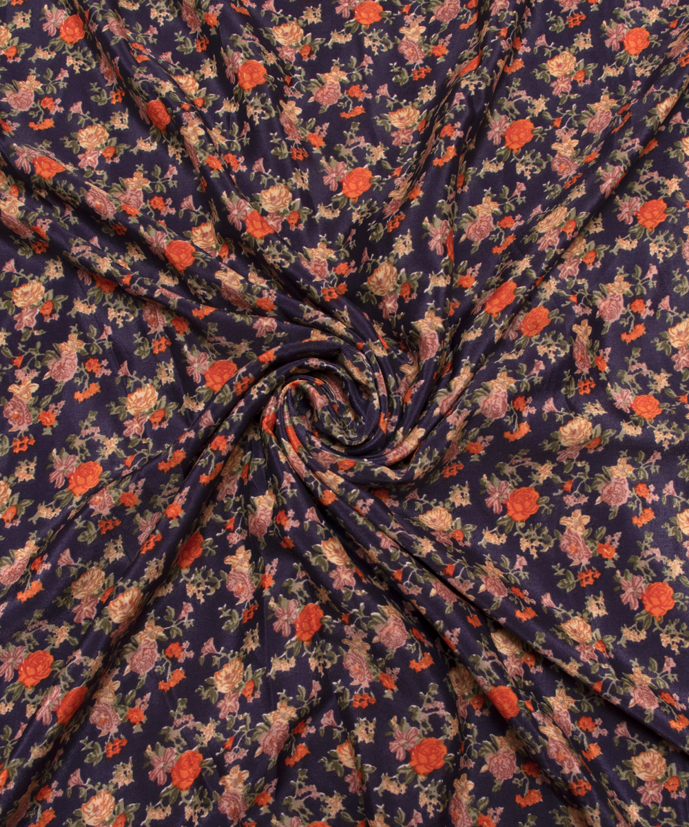 Black Colour Floral Print Satin Fabric