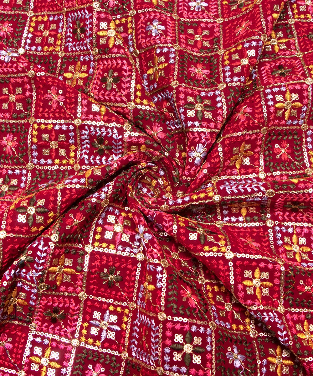 Red Colour Thread Embroidery Georgette Fabric