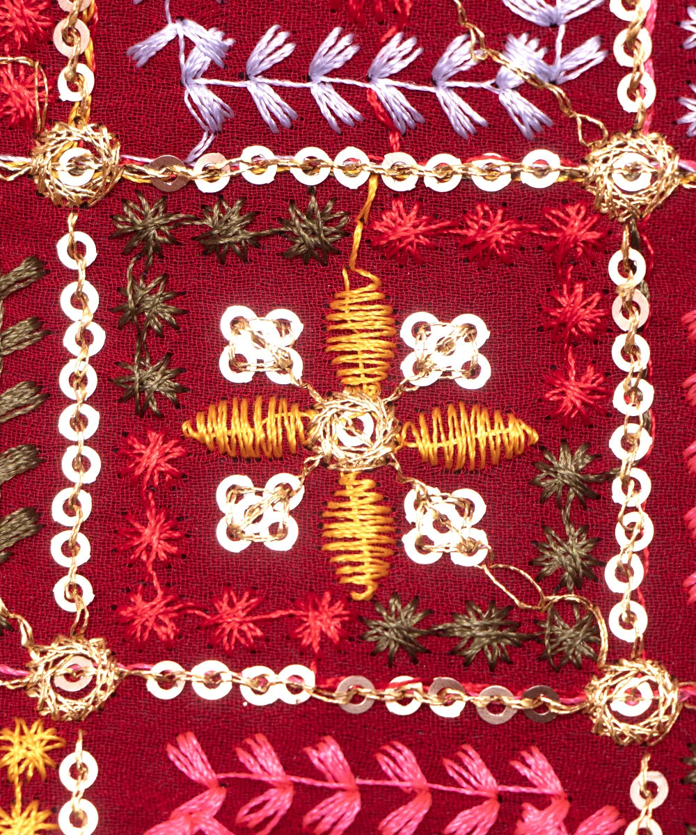 Red Colour Thread Embroidery Georgette Fabric