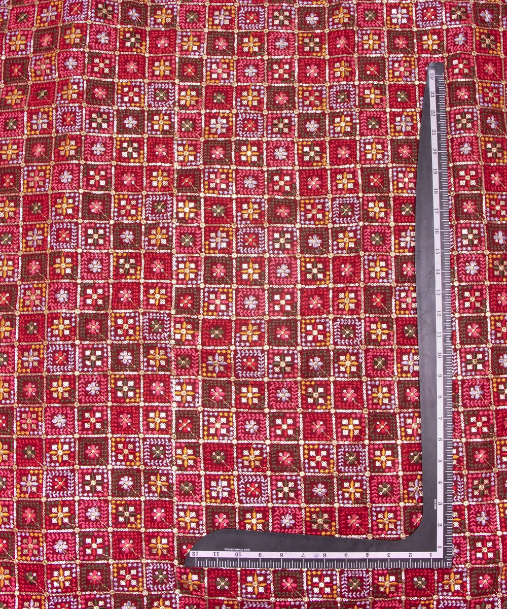 Red Colour Thread Embroidery Georgette Fabric
