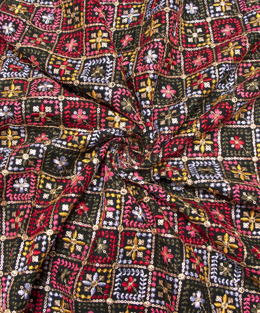 Deep Green Colour Thread Embroidery Georgette Fabric