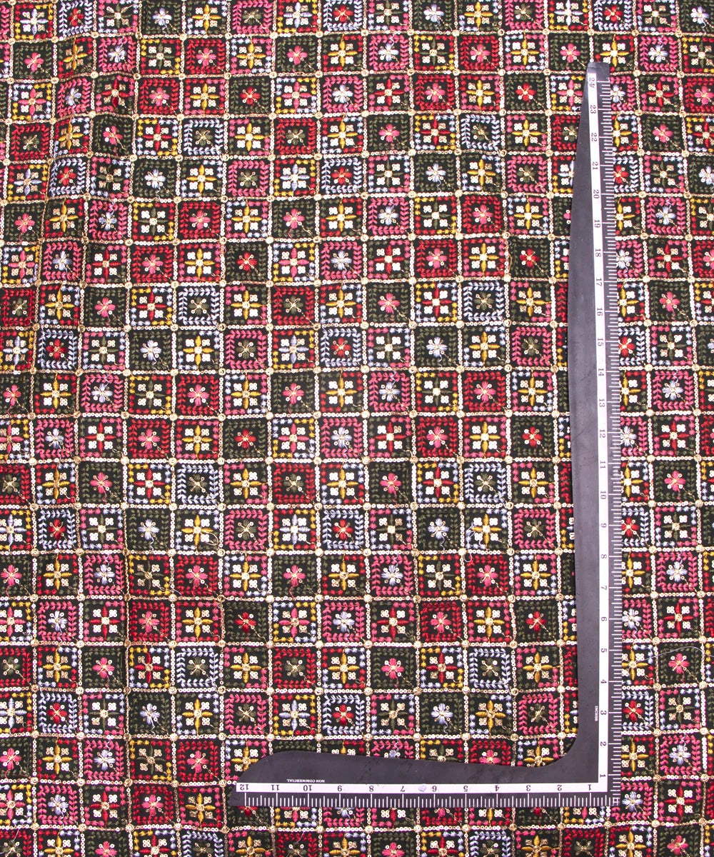 Deep Green Colour Thread Embroidery Georgette Fabric