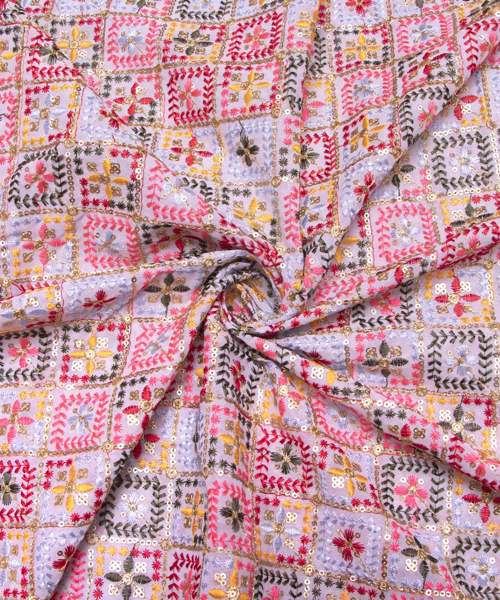 White Colour Thread Embroidery Georgette Fabric