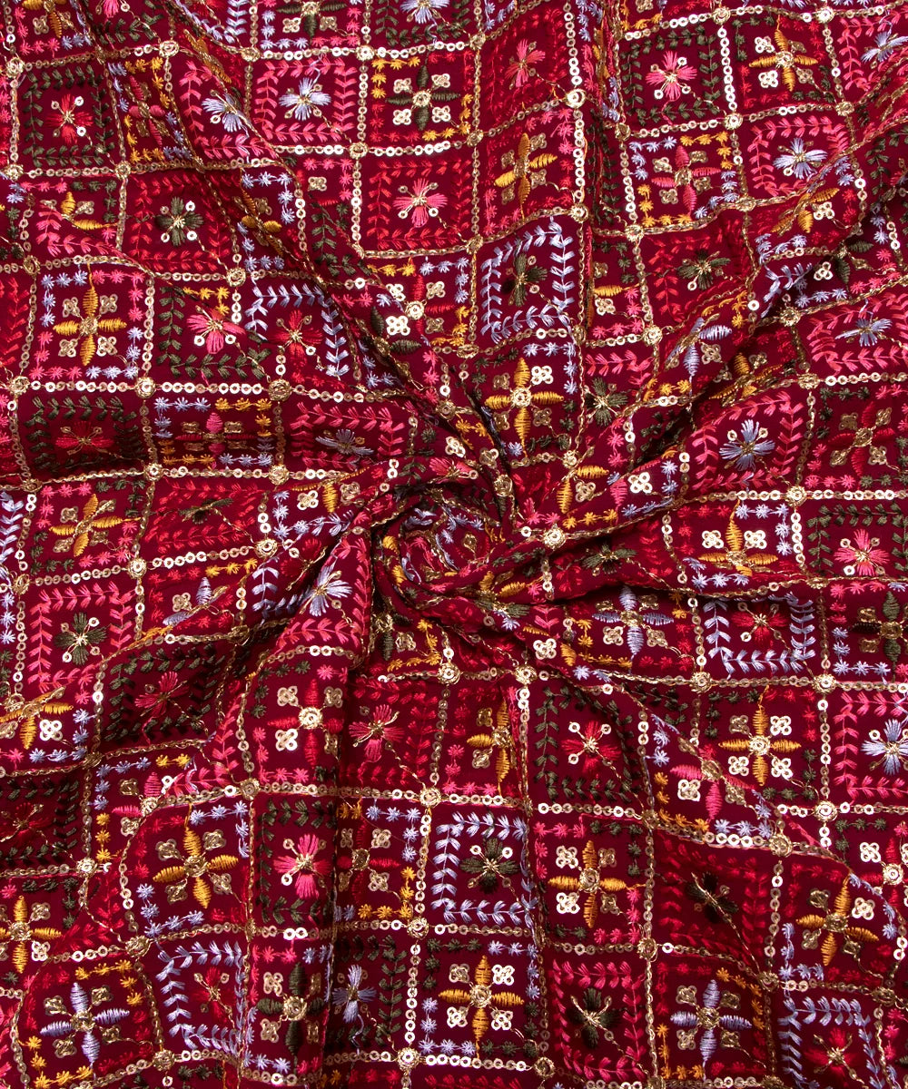 Maroon Colour Thread Embroidery Georgette Fabric