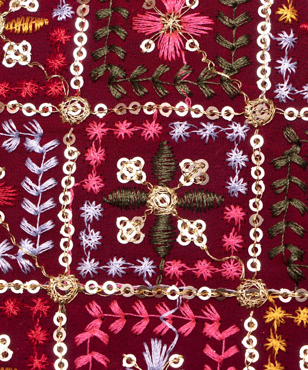 Maroon Colour Thread Embroidery Georgette Fabric