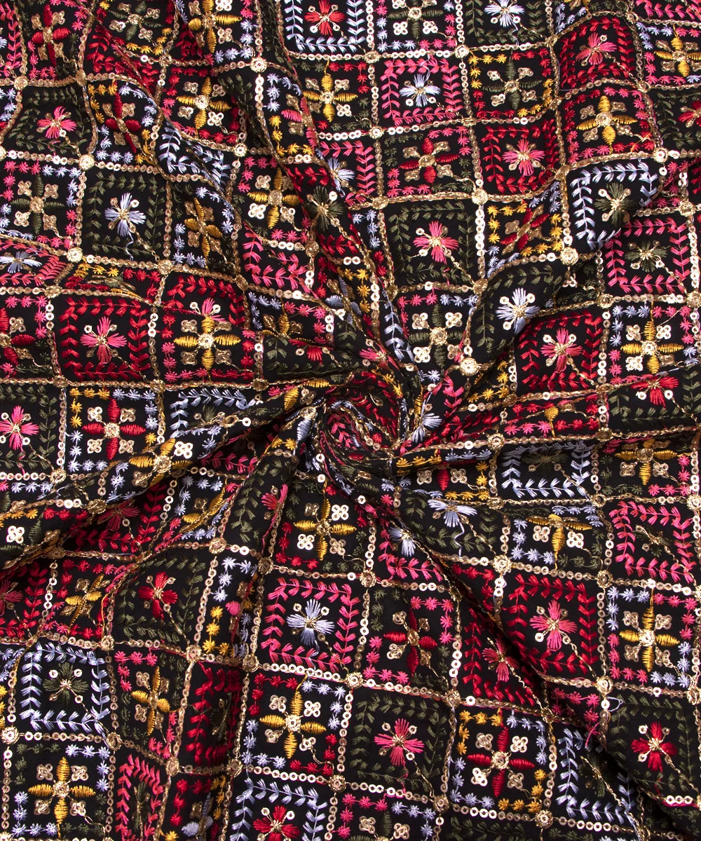 Black Colour Thread Embroidery Georgette Fabric