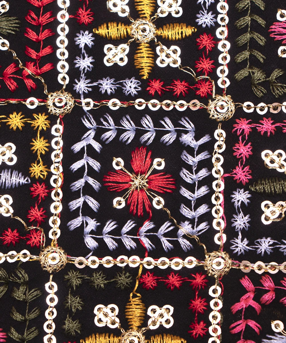Black Colour Thread Embroidery Georgette Fabric