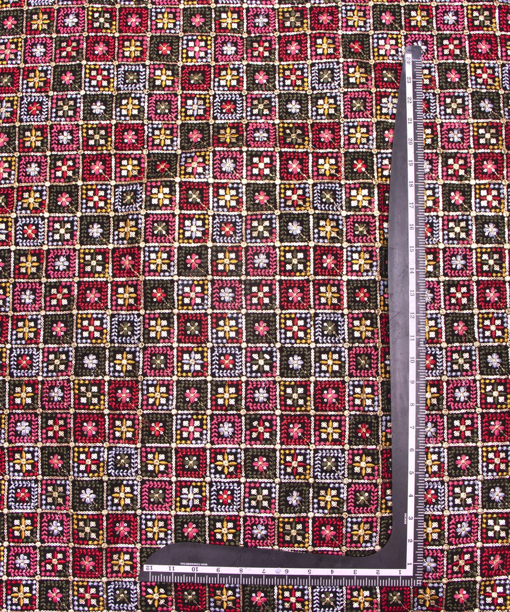 Black Colour Thread Embroidery Georgette Fabric