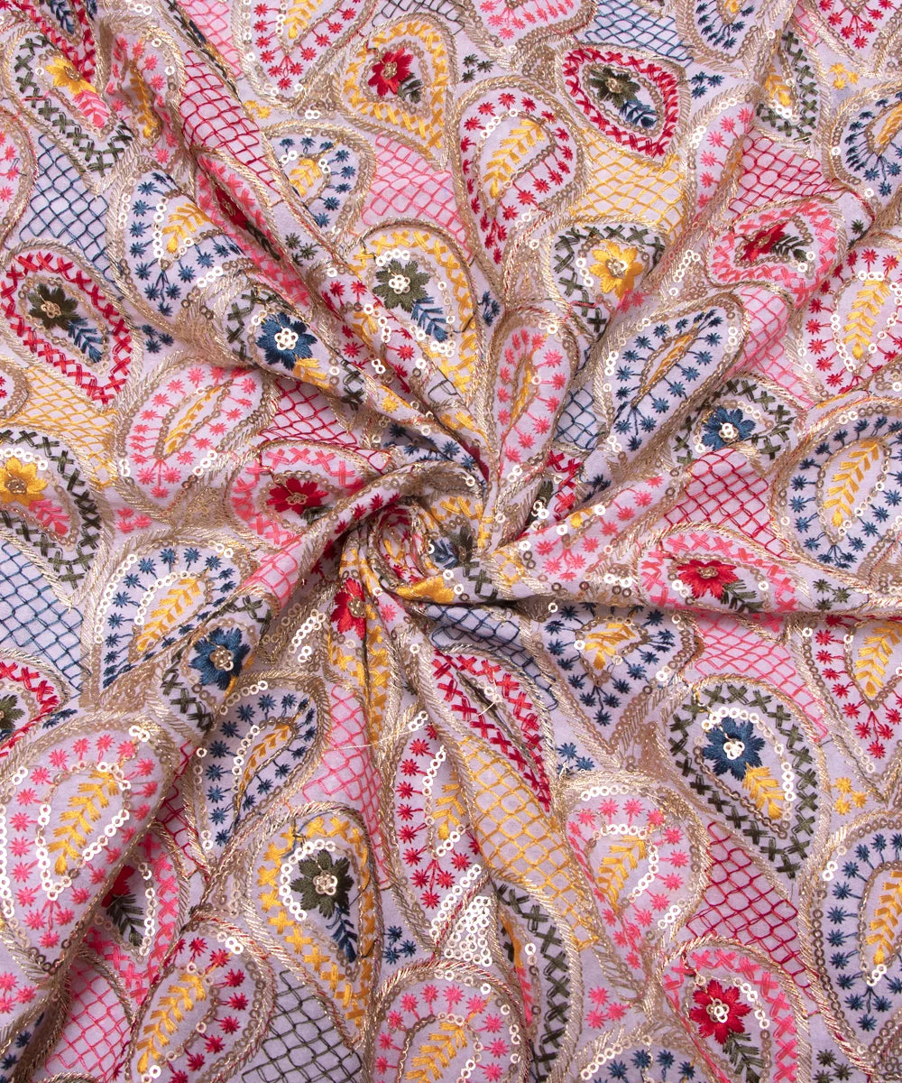 White Colour Paisley Pattern Thread Embroidery Georgette Fabric