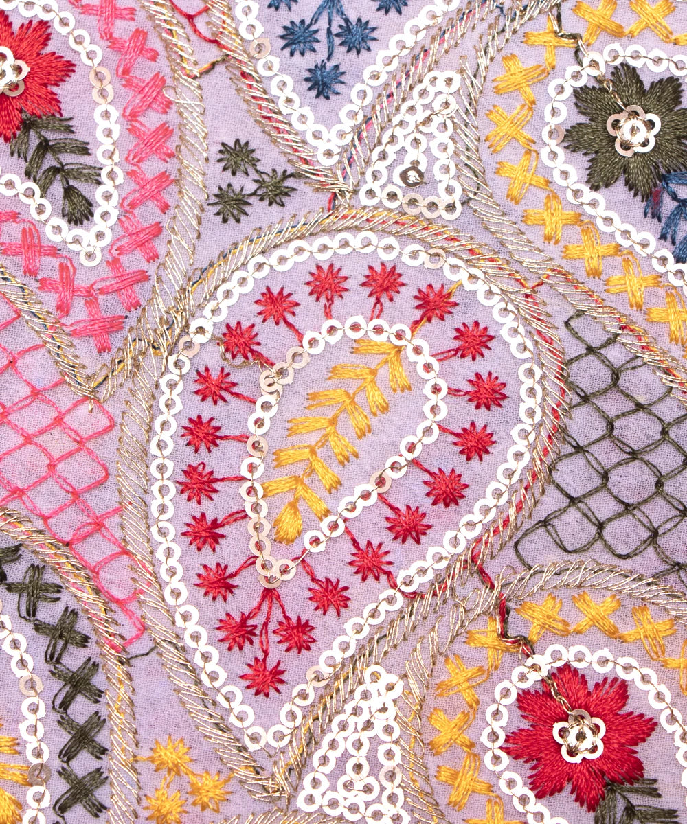 White Colour Paisley Pattern Thread Embroidery Georgette Fabric