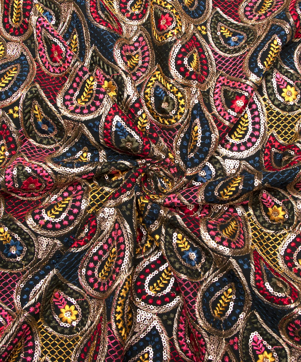 Black Colour Thread Embroidery Georgette Fabric