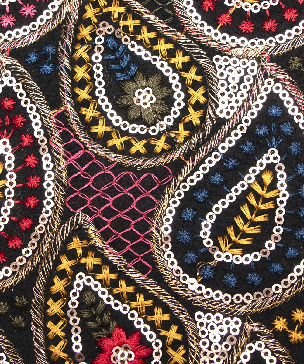 Black Colour Thread Embroidery Georgette Fabric