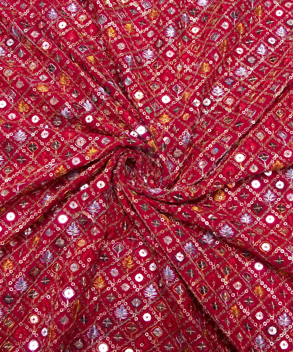 Magenta Colour Thread Embroidery Georgette Fabric