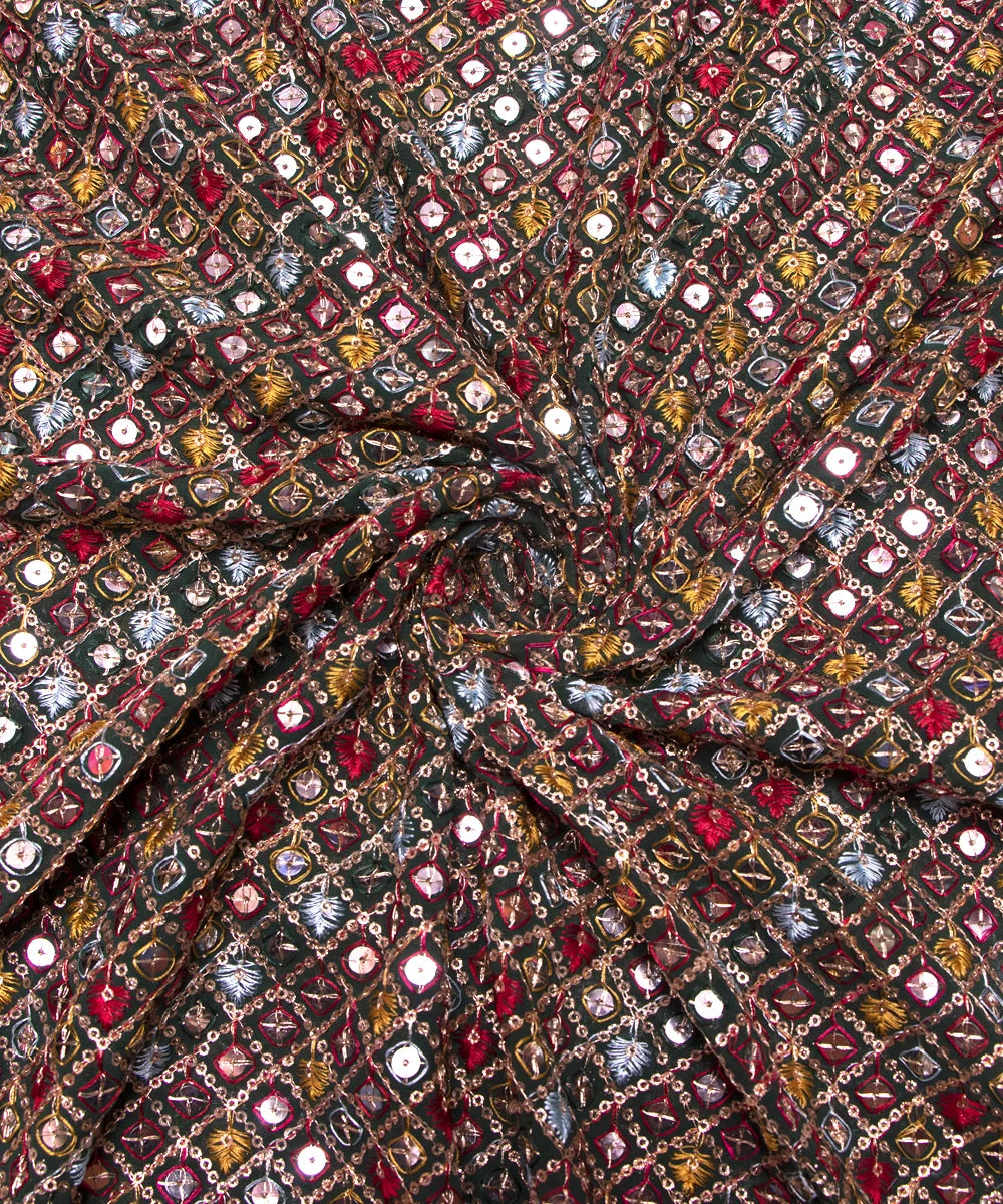Dark Green Colour Thread Embroidery Georgette Fabric
