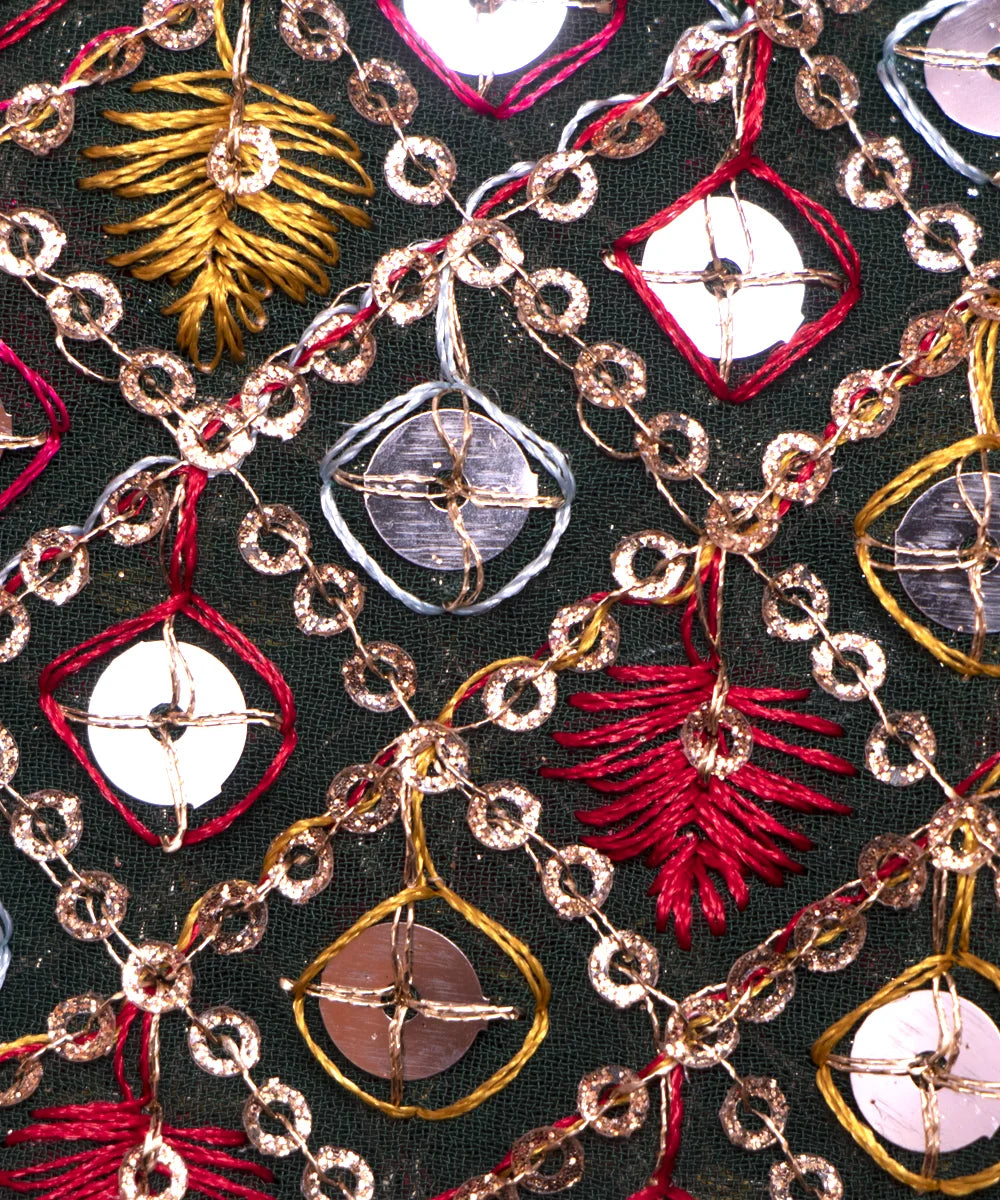 Dark Green Colour Thread Embroidery Georgette Fabric