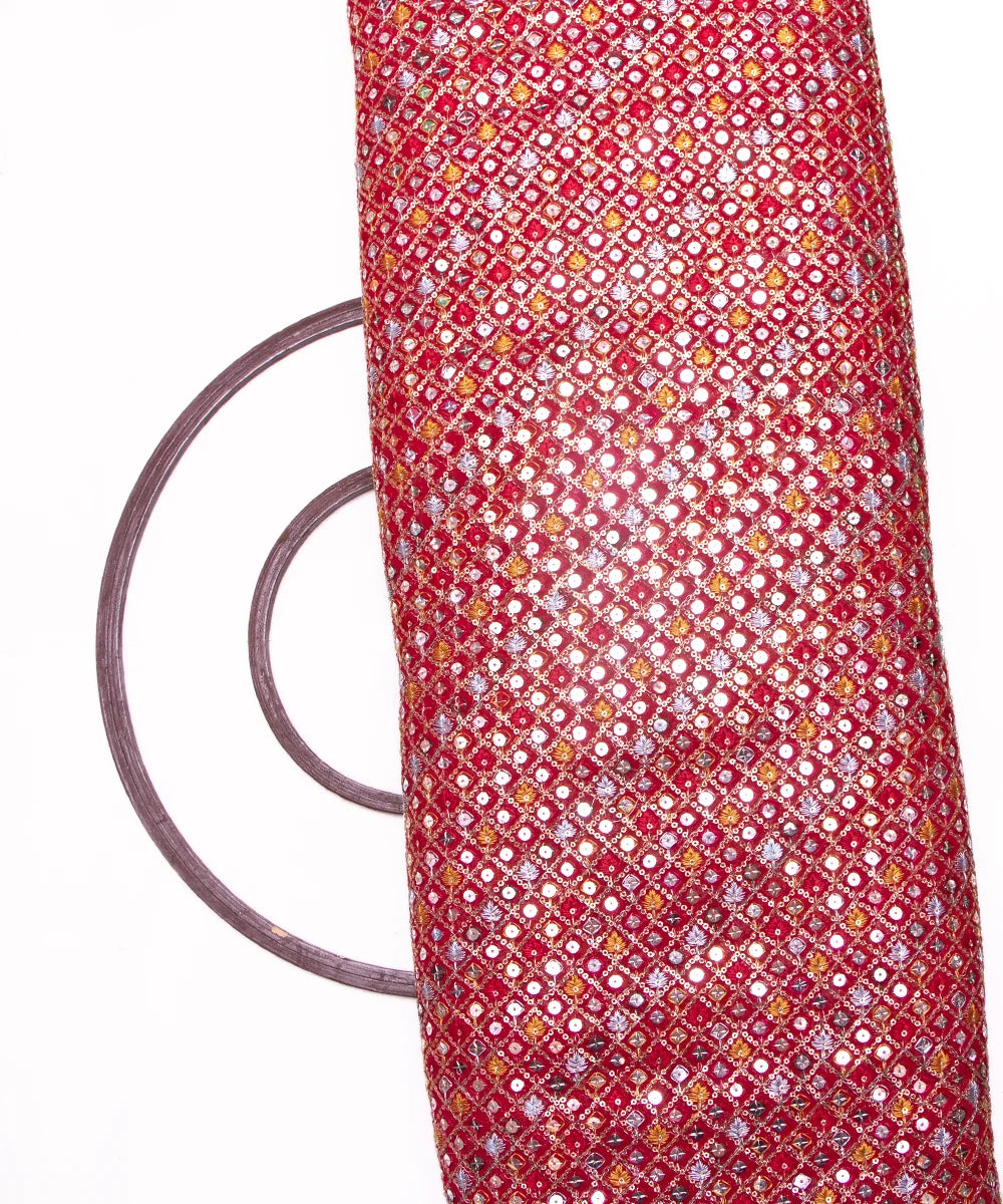 Red Colour Thread Embroidery Georgette Fabric